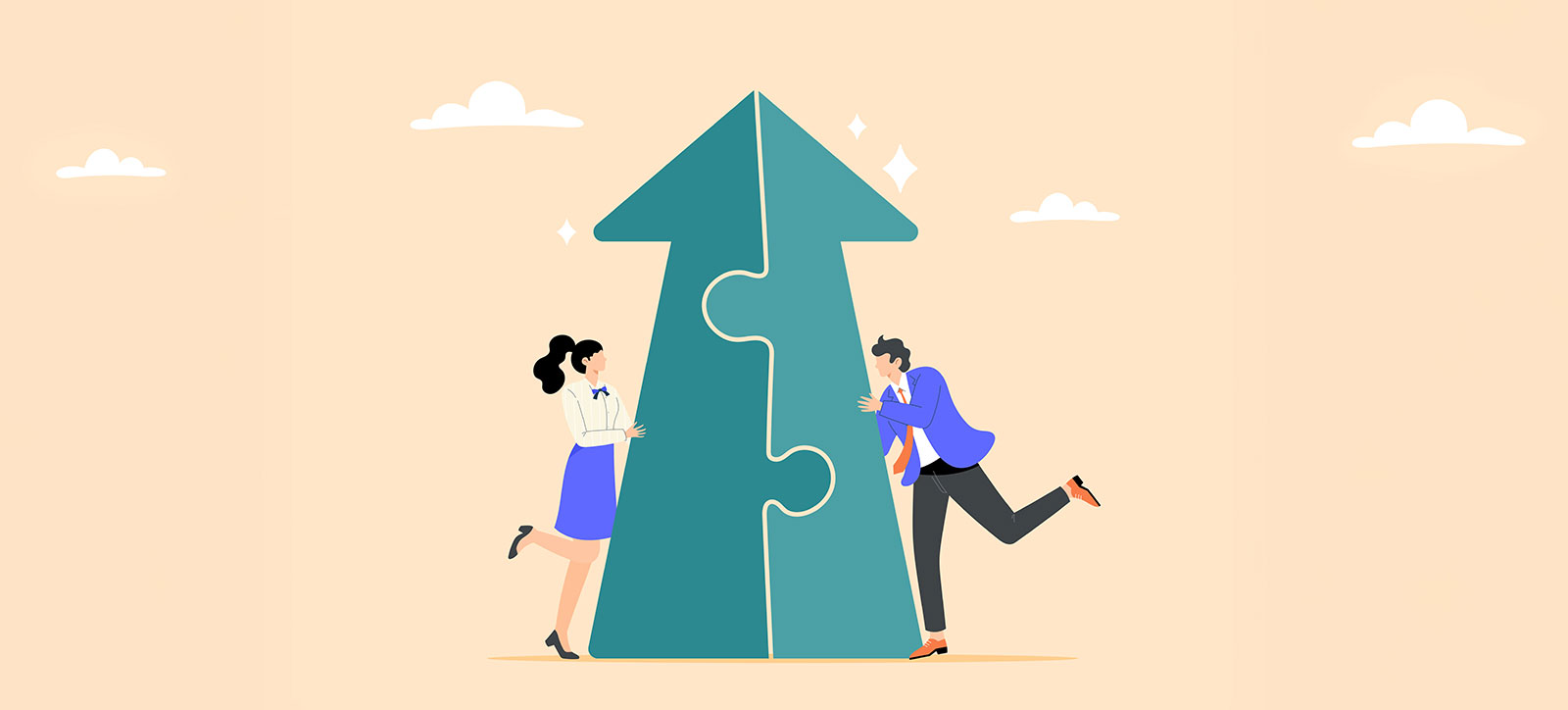 A graphic of a businessman and a businesswoman each pushing half an upwards-pointing arrow towards each other so they join together like jigsaw pieces, representing two businesses coming together to create growth.
