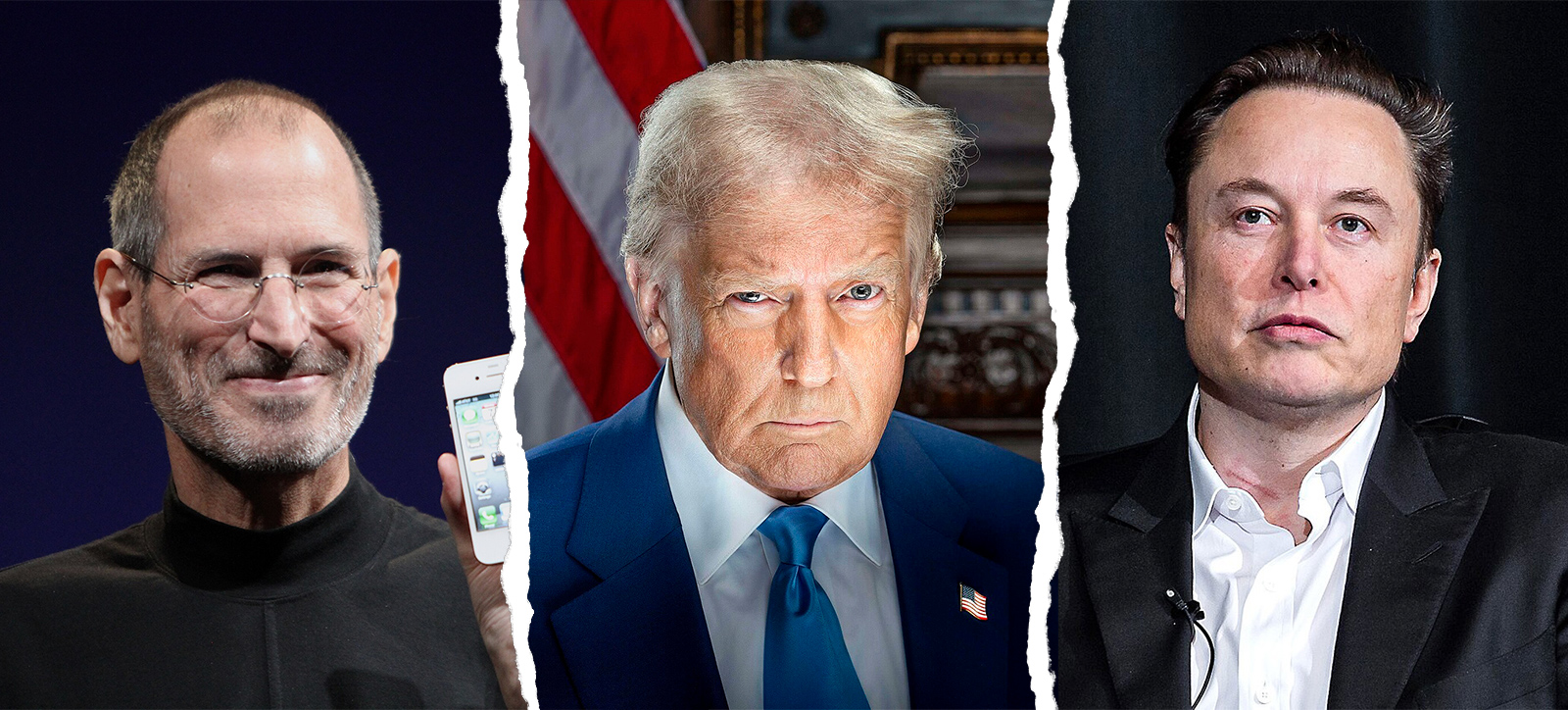 Left to right: Photographs of Steve Jobs, Donald Trump, and Elon Musk, each of whom are examples of autocratic leaders. The photos are torn at the edges and separated by thin bands of white.
