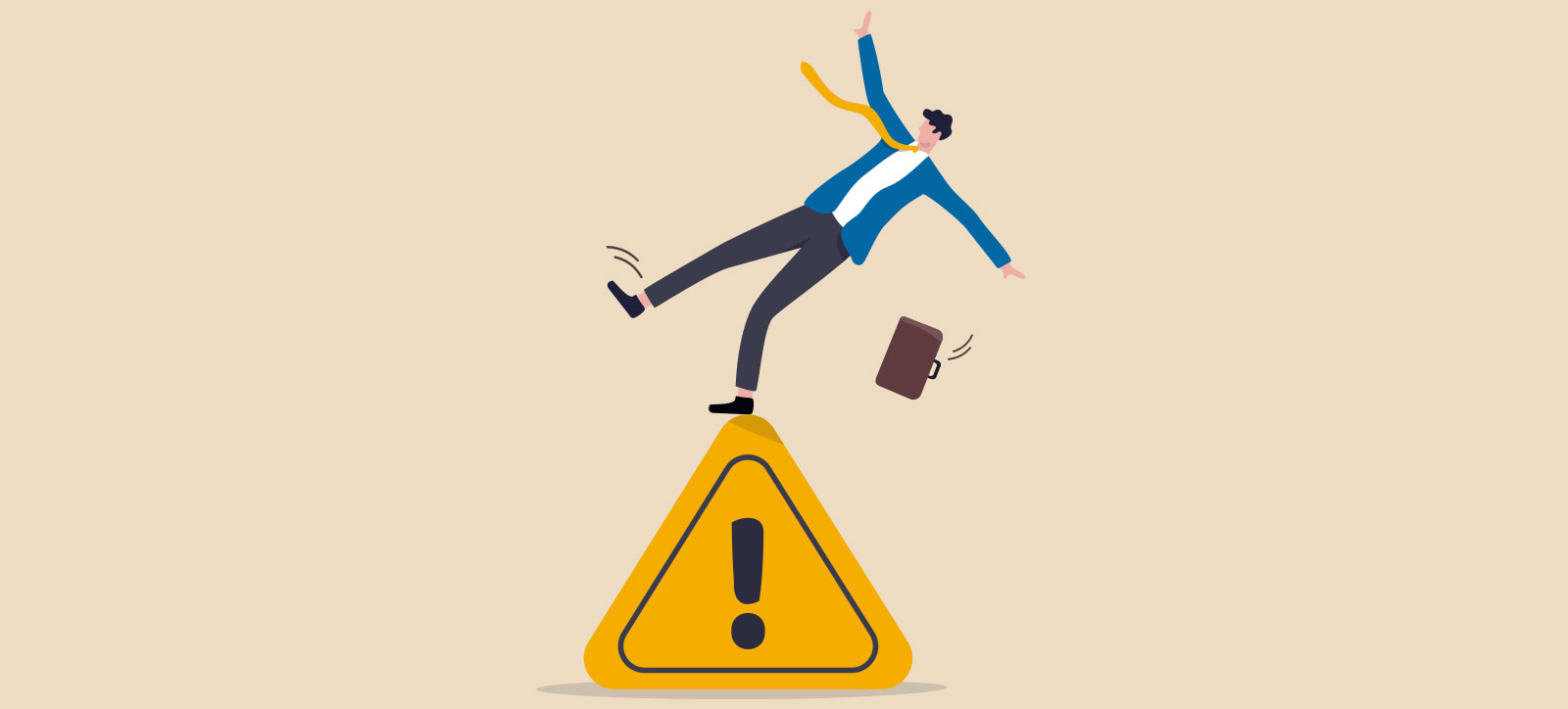 A graphic of a businessman balancing precariously on top of a triangular warning sign A graphic of a businessman balancing precariously on top of a triangular warning sign