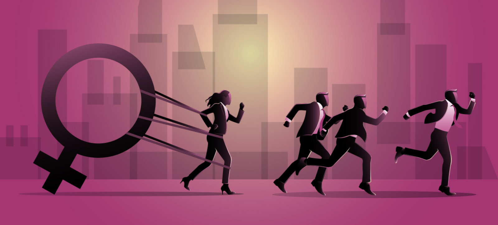 A graphic of a businesswoman being held back as she drags the female symbol of a circle with a cross behind her, as three businessmen race ahead. A graphic of a businesswoman being held back as she drags the female symbol of a circle with a cross behind her, as three businessmen race ahead.