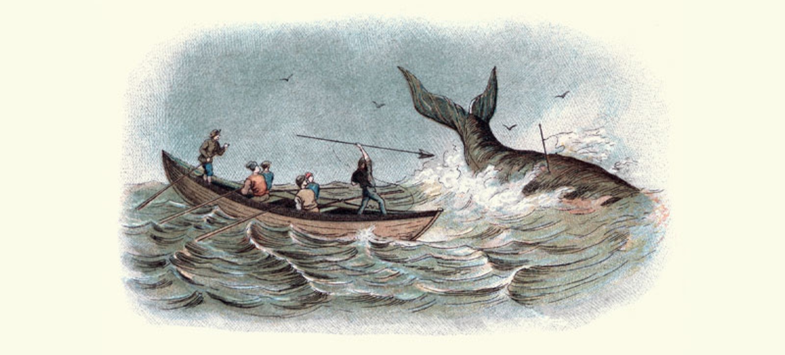 A 19th century painting of a whaling crew in a small rowing boat trying to harpoon a whale.
