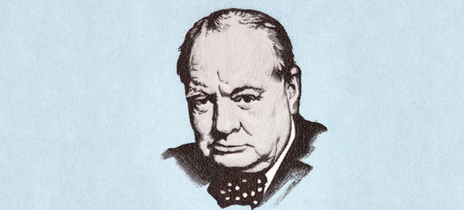 A black and white image of Winston Churchill (in the same pose that appears on the UK £5 note) on a light blue background.