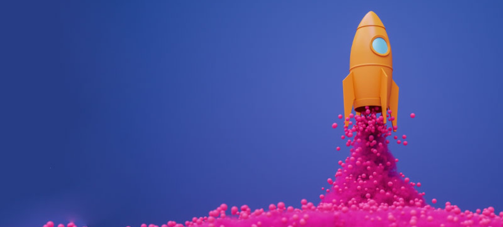 A digital image of an orange rocket taking off amid a cloud of pink bubbles as an illustrating of digital innovation. A digital image of an orange rocket taking off amid a cloud of pink bubbles as an illustrating of digital innovation.