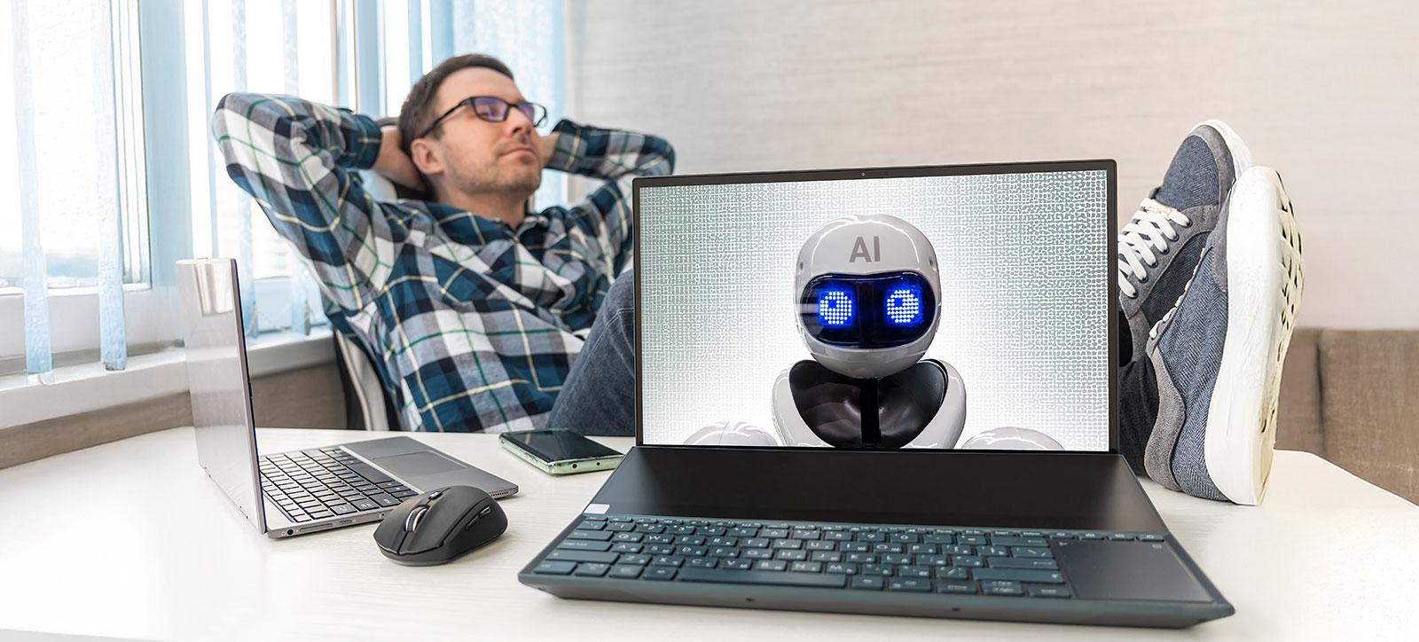 An office worker reclines in his chair with his eyes close, his hands behind, and his feet on the desk as a generative AI chatbot on the computer in front of him performs tasks that makes his life easier.