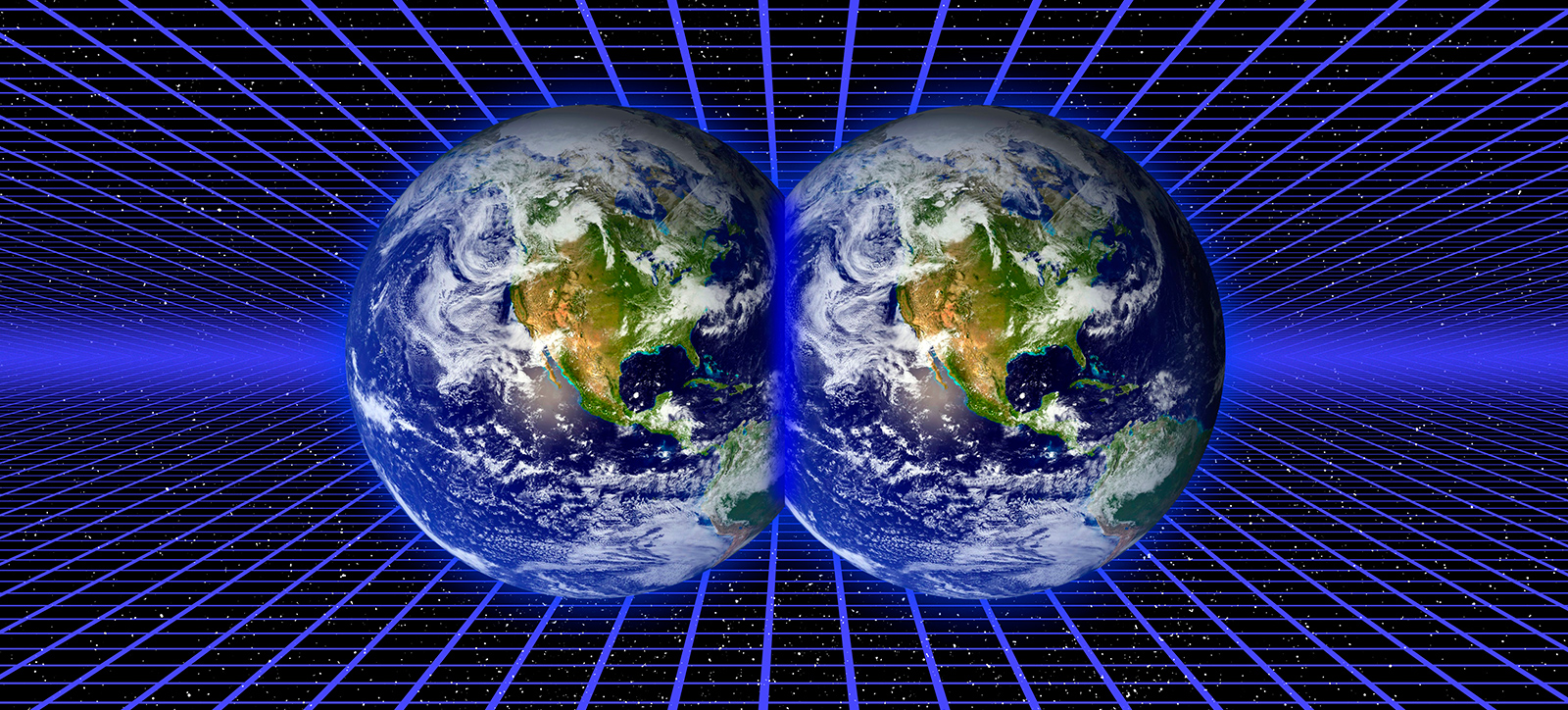 An image of two parallel versions of plant Earth, diverging from a single moment in time.