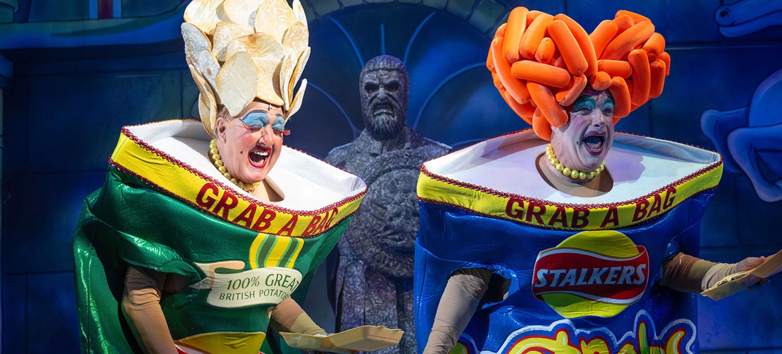 Coventry's famous panto dame Iain Lauchlan and his 'ugly stepsister' starring in the Belgrade Theatre Christmas pantomime, dressed in outrageous 'crisp packet' costumes.. Coventry's famous panto dame Iain Lauchlan and his 'ugly stepsister' starring in the Belgrade Theatre Christmas pantomime, dressed in outrageous 'crisp packet' costumes..
