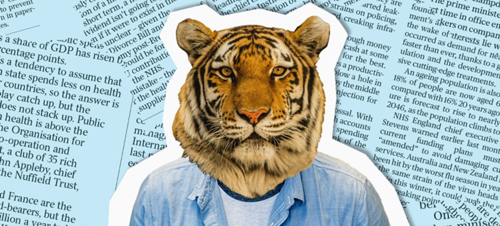 A collage of a person with a tigers head in front of a selection of newspaper clippings