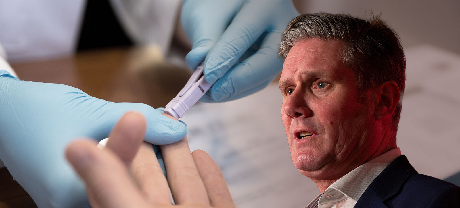 A photograph of UK Prime Minister Keir Starmer set against the backdrop of an HIV testing kit A photograph of UK Prime Minister Keir Starmer set against the backdrop of an HIV testing kit