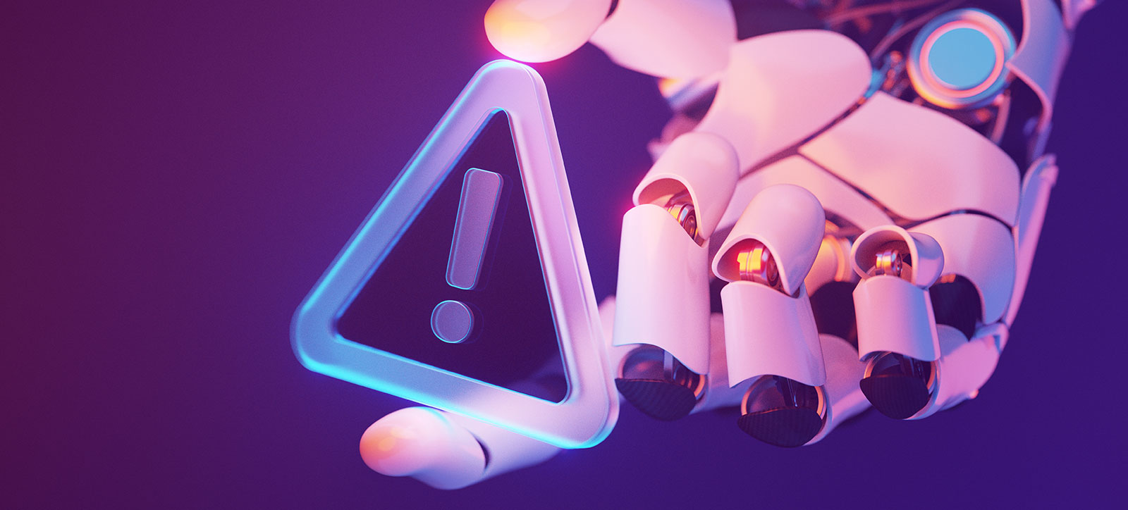 An android's white hand holds a digital warning symbol showing an exclamation mark in a triangle. The image is set against an eye-catching purple background.