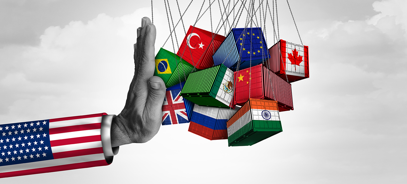 An illustration of a giant hand, is a suit jacket with a US flag decorating the sleeve, held out to stop shipping containers bearing the flags of America's leading trade partners, including the UK, China, the EU, India, Canada, Mexico, and Brazil An illustration of a giant hand, is a suit jacket with a US flag decorating the sleeve, held out to stop shipping containers bearing the flags of America's leading trade partners, including the UK, China, the EU, India, Canada, Mexico, and Brazil